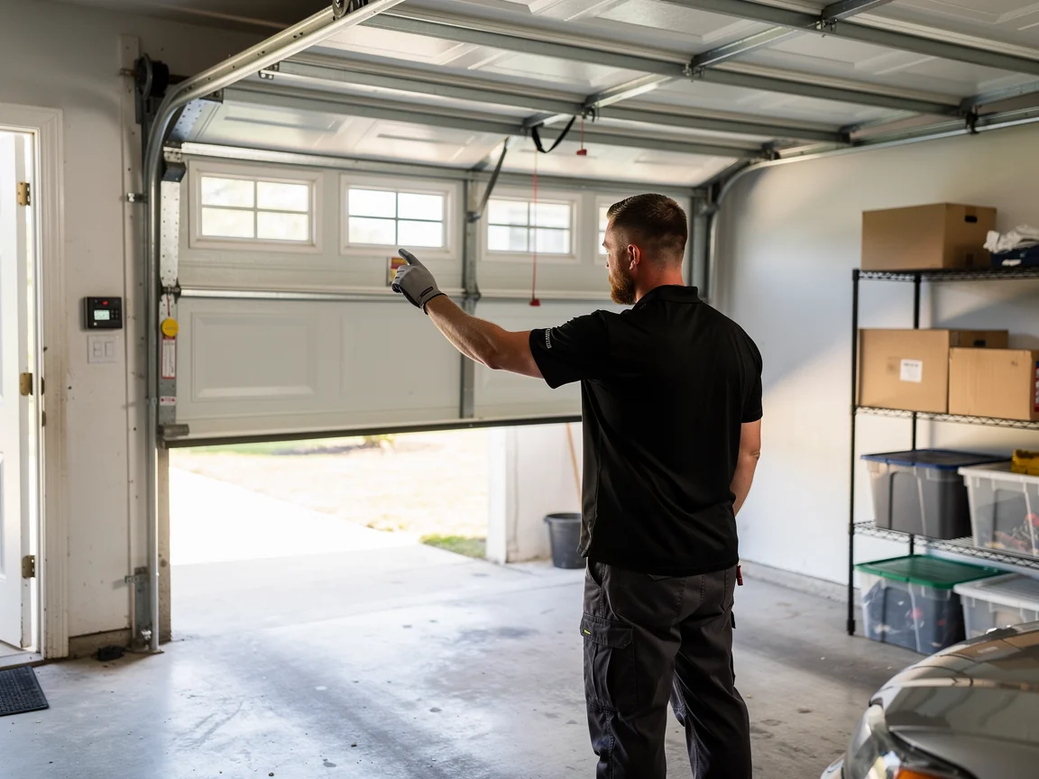 A technician points at an open white garage door with windows from inside a garage.