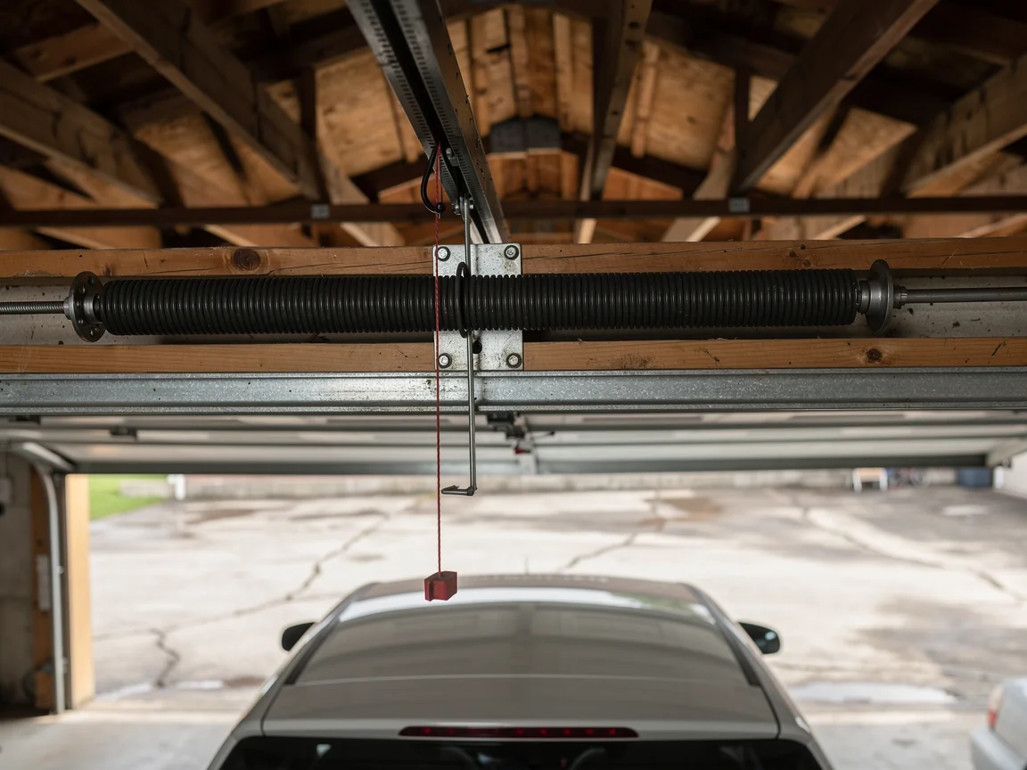 A garage door torsion spring is mounted above a white car.