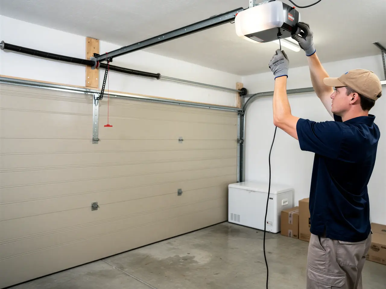 A technician in a cap and gloves adjusts a garage door opener.