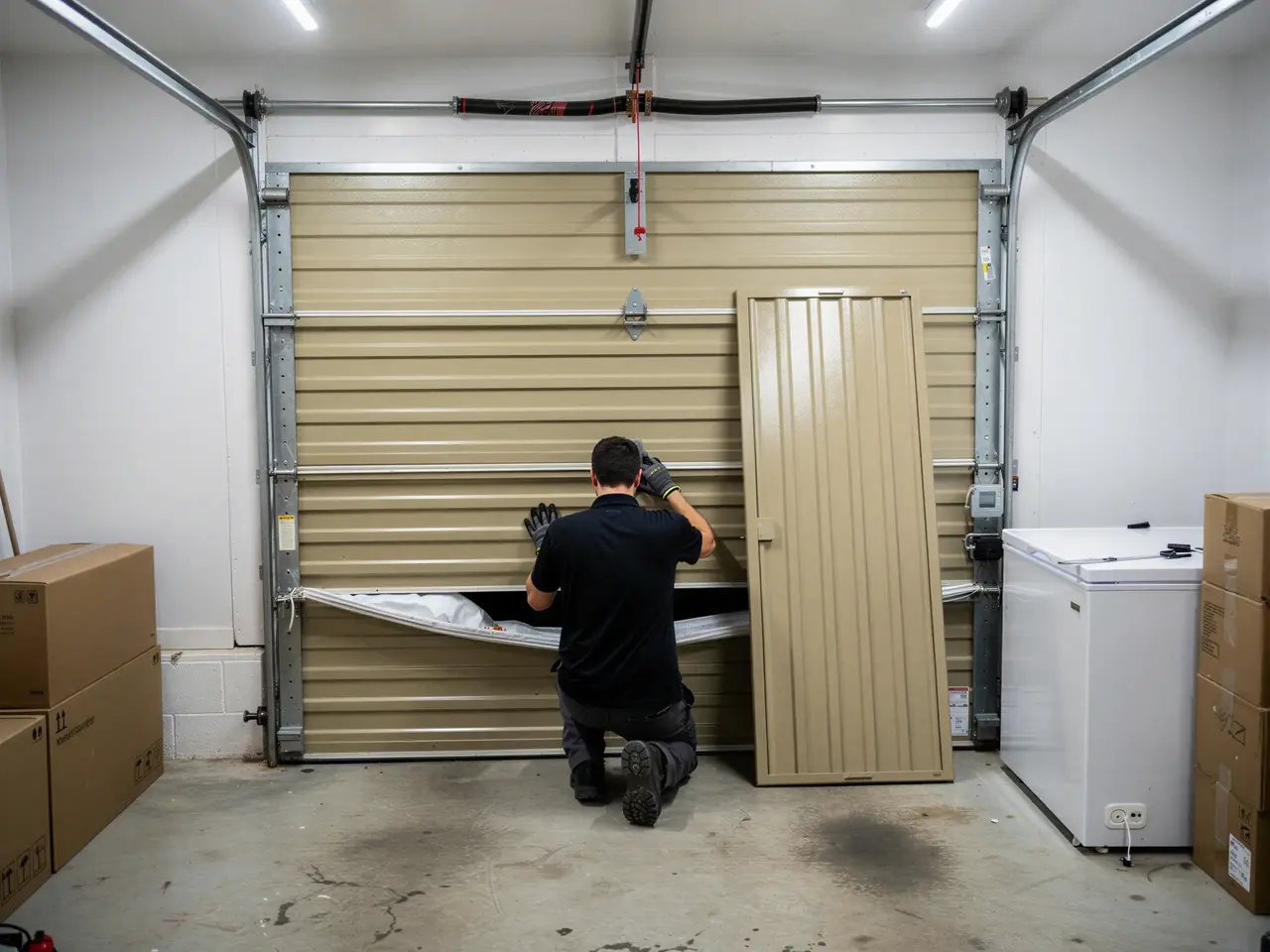 A technician kneels, repairing a damaged tan garage door with a detached panel.